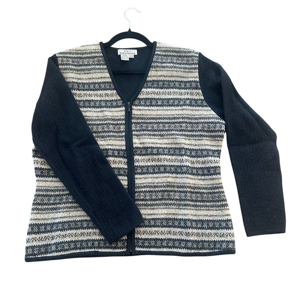 Eddie Bauer Women's 100% Wool Zip Cardigan Fair Isle Sweater XL Jacket Black